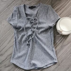 Revamped grey short sleeve top. Size Medium